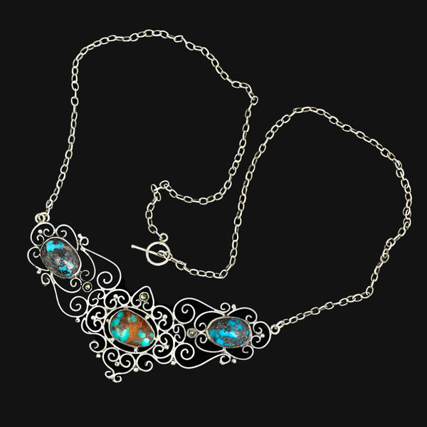 Antique Edwardian Turquoise Marcasite Sterling Silver Necklace