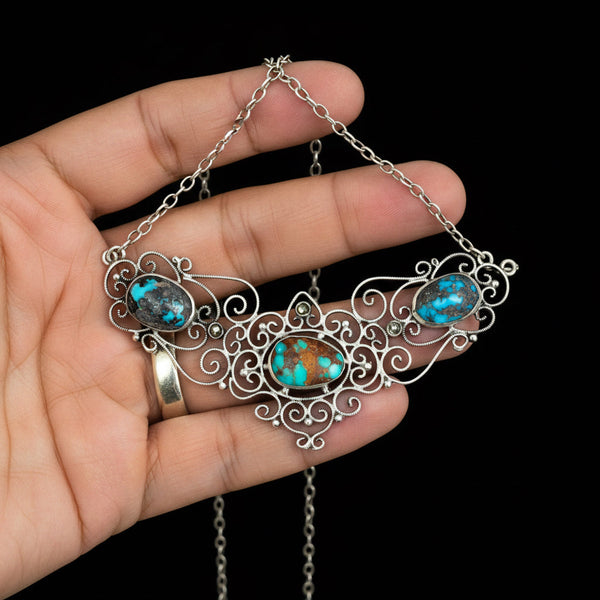 Antique Edwardian Turquoise Marcasite Sterling Silver Necklace