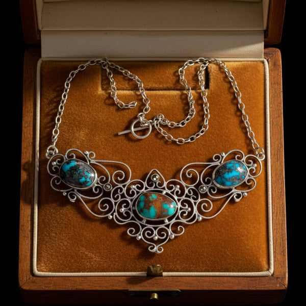 Antique Edwardian Turquoise Marcasite Sterling Silver Necklace
