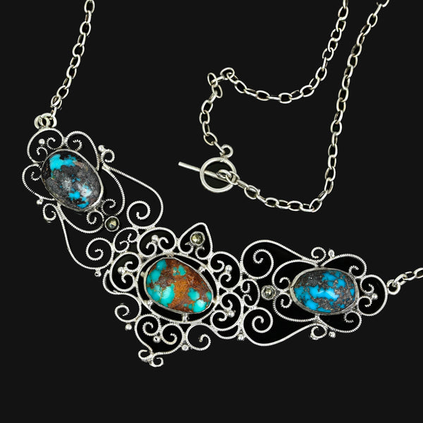 Antique Edwardian Turquoise Marcasite Sterling Silver Necklace