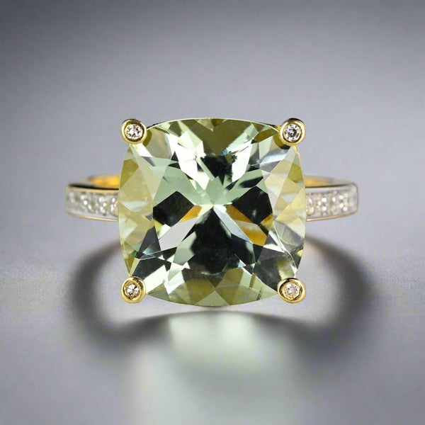 Vintage 14K Gold Diamond 6.5 CTW Green Prasiolite Ring - Boylerpf