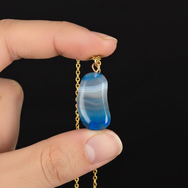 Vintage Blue Banded Agate Lucky Bean Pendant 9K Gold