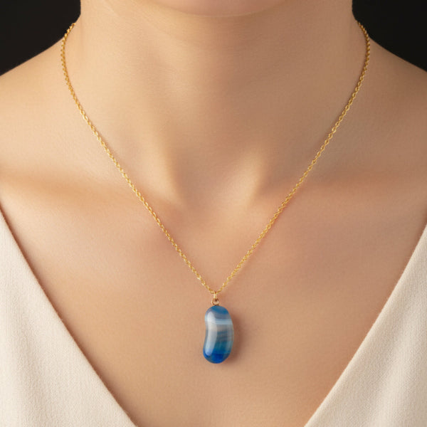 Vintage Blue Banded Agate Lucky Bean Pendant 9K Gold