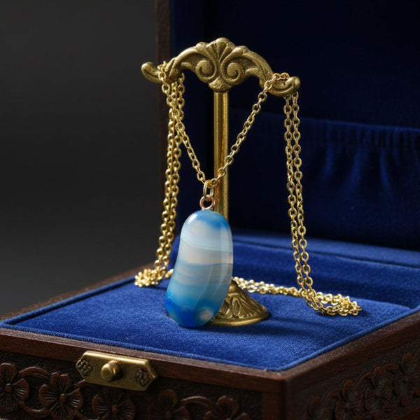 Vintage Blue Banded Agate Lucky Bean Pendant 9K Gold