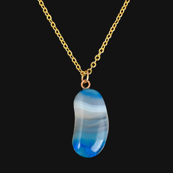 Vintage Blue Banded Agate Lucky Bean Pendant 9K Gold