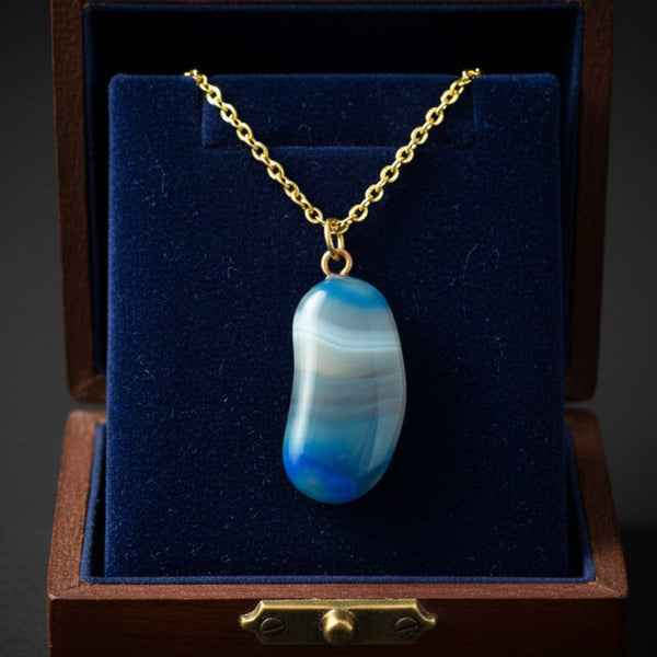 Vintage Blue Banded Agate Lucky Bean Pendant 9K Gold