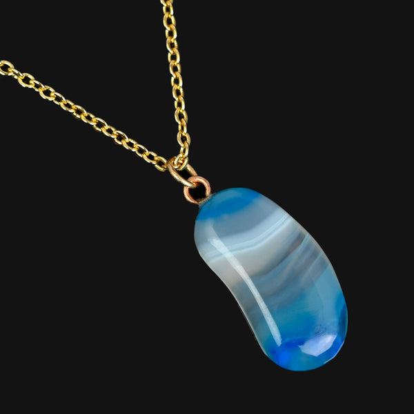 Vintage Blue Banded Agate Lucky Bean Pendant 9K Gold
