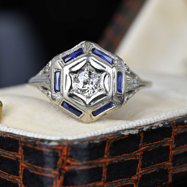 Art Deco 18K White Gold Filigree Sapphire Diamond Ring - Boylerpf