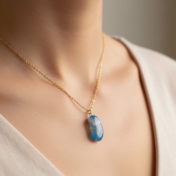 Vintage Blue Banded Agate Lucky Bean Pendant 9K Gold