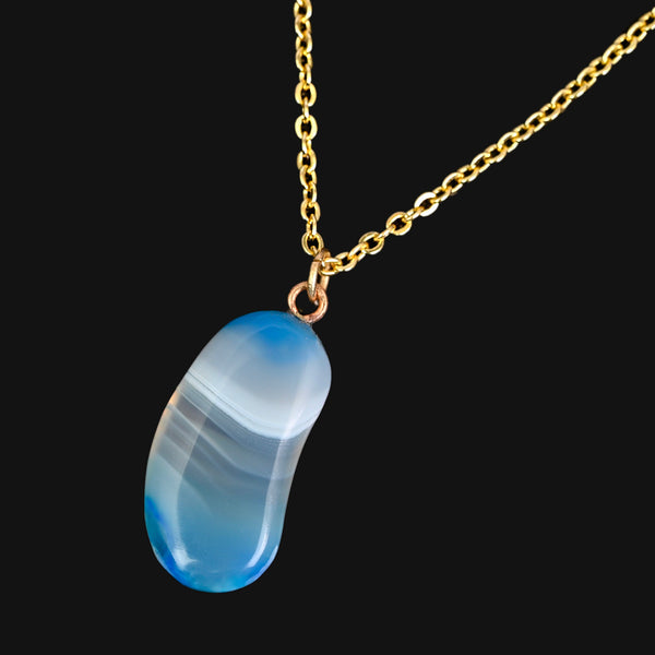 Vintage Blue Banded Agate Lucky Bean Pendant 9K Gold