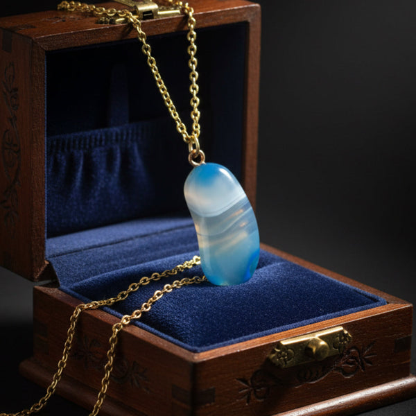 Vintage Blue Banded Agate Lucky Bean Pendant 9K Gold