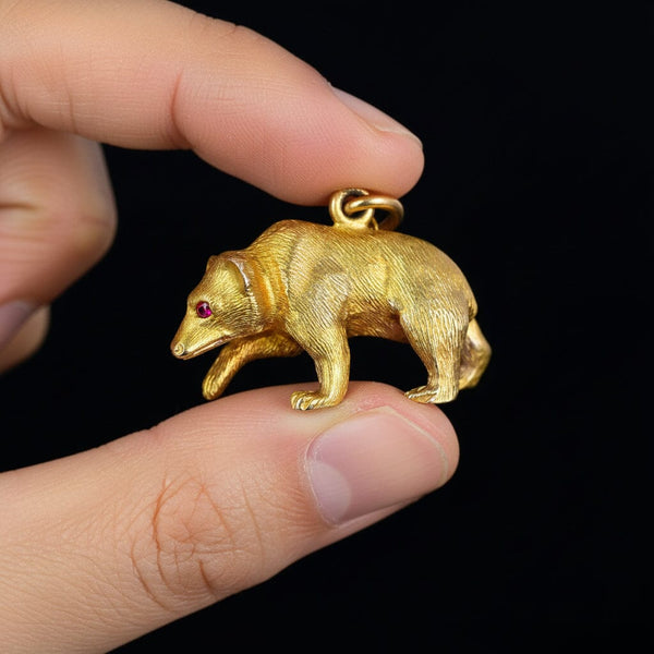 Antique 14K Gold Ruby Eyed Walking Grizzly Bear Pendant Charm - Boylerpf
