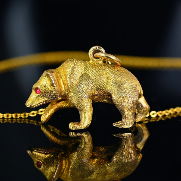 Antique 14K Gold Ruby Eyed Walking Grizzly Bear Pendant Charm - Boylerpf