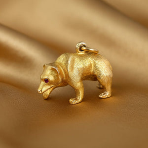 Antique 14K Gold Ruby Eyed Walking Grizzly Bear Pendant Charm - Boylerpf