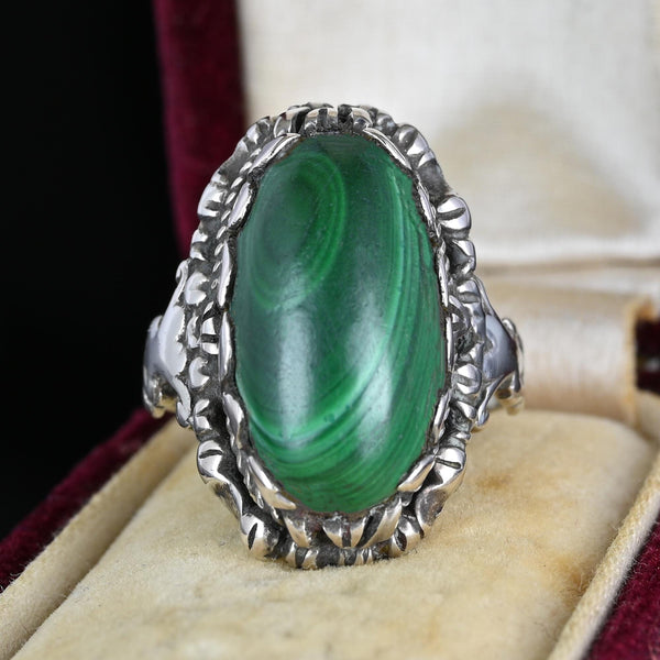 Antique Arts & Crafts Silver Cabochon Malachite Ring - Boylerpf