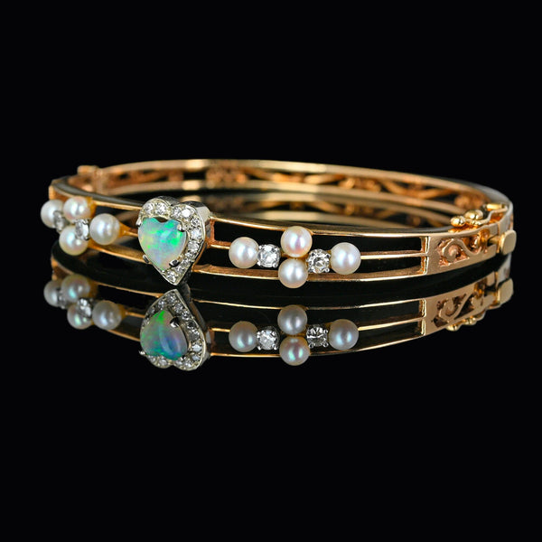 Spectacular 14K Gold Pearl Diamond Opal Bracelet Bangle - Boylerpf