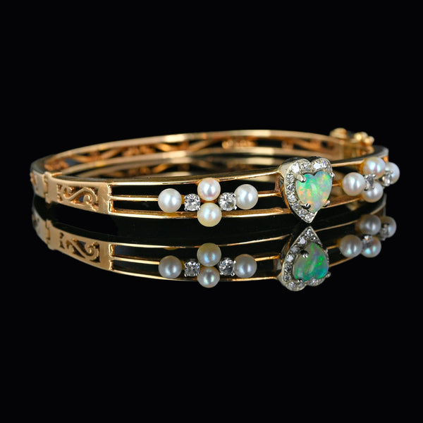 Spectacular 14K Gold Pearl Diamond Opal Bracelet Bangle - Boylerpf