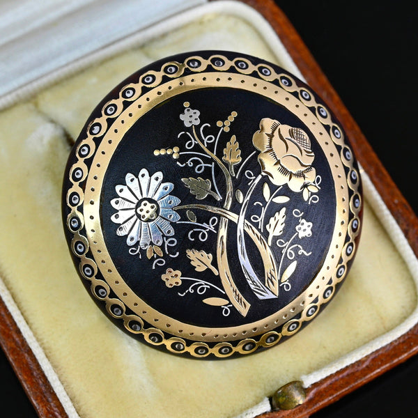 Antique Victorian 9K Gold & Silver Tortoise Shell Pique Brooch - Boylerpf