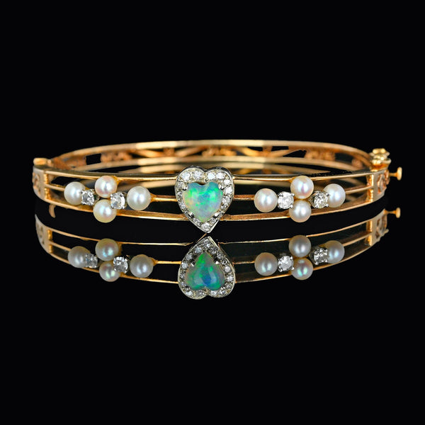 Spectacular 14K Gold Pearl Diamond Opal Bracelet Bangle - Boylerpf