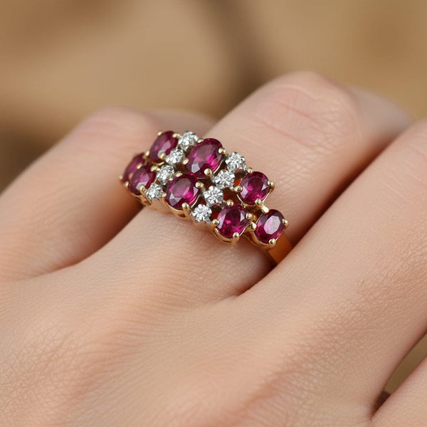 Antique 14K Gold Diamond Double Row Ruby Ring Band