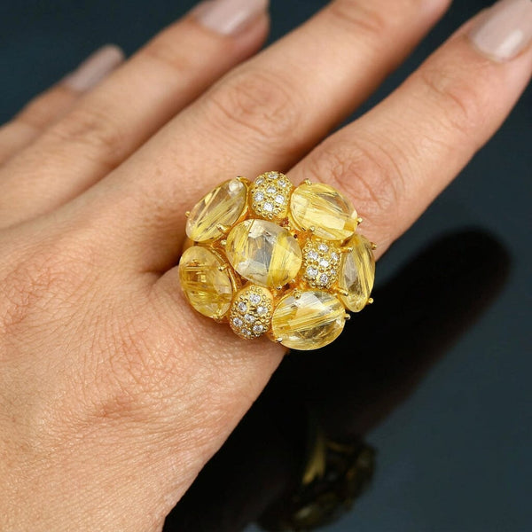18K Gold Rutilated Quartz Diamond Cluster Cocktail Ring
