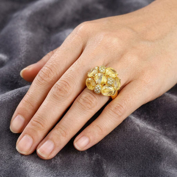 18K Gold Rutilated Quartz Diamond Cluster Cocktail Ring