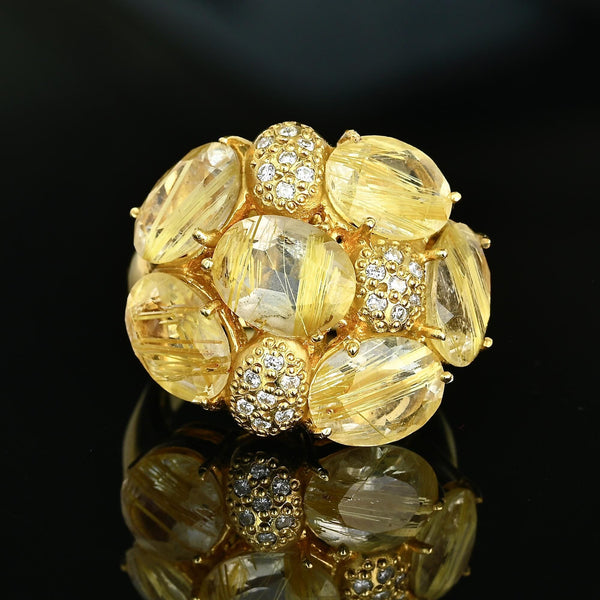 18K Gold Rutilated Quartz Diamond Cluster Cocktail Ring
