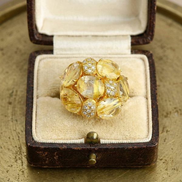 18K Gold Rutilated Quartz Diamond Cluster Cocktail Ring