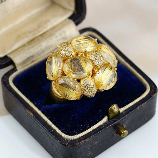 18K Gold Rutilated Quartz Diamond Cluster Cocktail Ring