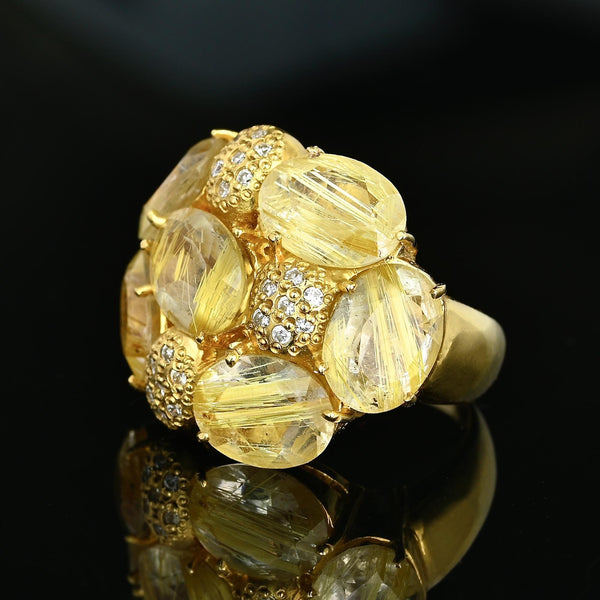 18K Gold Rutilated Quartz Diamond Cluster Cocktail Ring