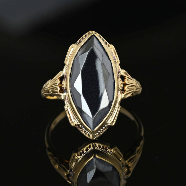 Art Deco Large Marquise Gray Hematite Ring in 10K Gold - Boylerpf
