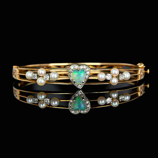 Spectacular 14K Gold Pearl Diamond Opal Bracelet Bangle - Boylerpf