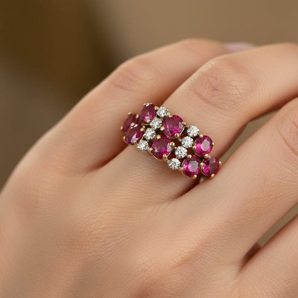 Antique 14K Gold Diamond Double Row Ruby Ring Band