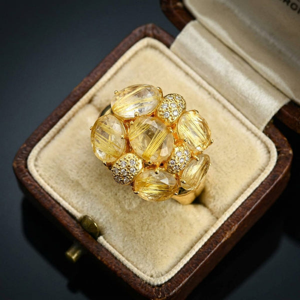 18K Gold Rutilated Quartz Diamond Cluster Cocktail Ring