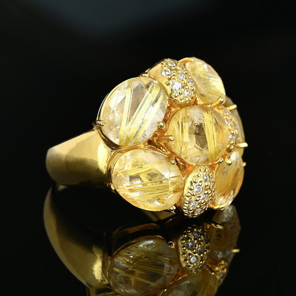 18K Gold Rutilated Quartz Diamond Cluster Cocktail Ring