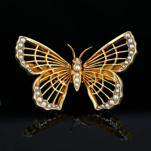 Antique AJ Hedges 14K Gold Pearl Ruby Butterfly Brooch Clip - Boylerpf