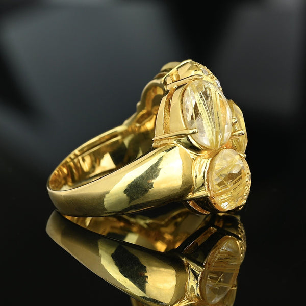 18K Gold Rutilated Quartz Diamond Cluster Cocktail Ring