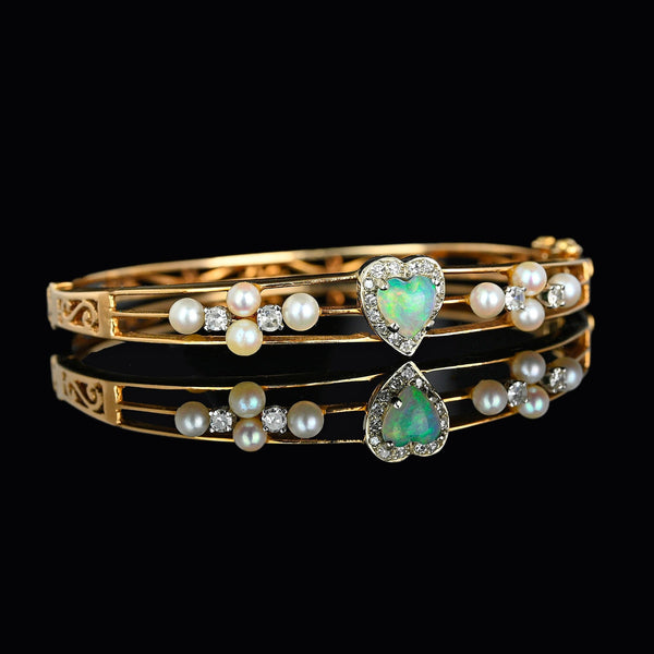 Spectacular 14K Gold Pearl Diamond Opal Bracelet Bangle - Boylerpf