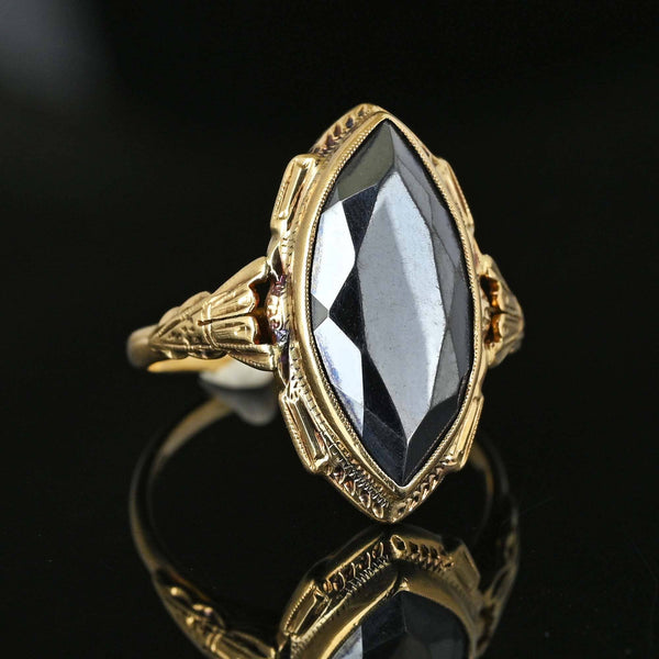 Art Deco Large Marquise Gray Hematite Ring in 10K Gold - Boylerpf