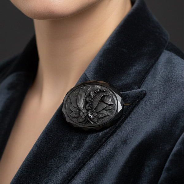 Victorian Whitby Jet Lily of the Valley Carved Brooch - Boylerpf