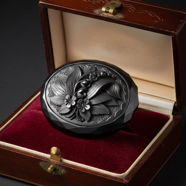 Victorian Whitby Jet Lily of the Valley Carved Brooch - Boylerpf