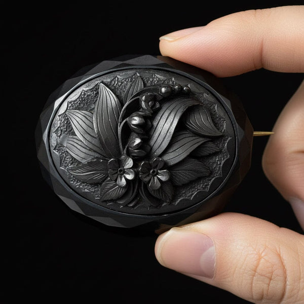 Victorian Whitby Jet Lily of the Valley Carved Brooch - Boylerpf