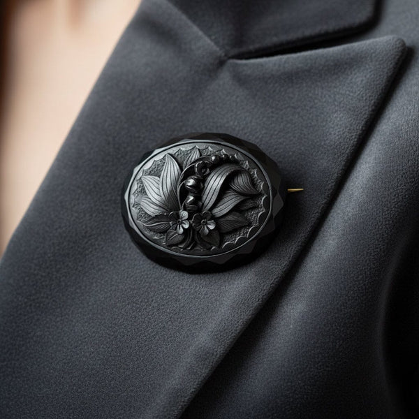 Victorian Whitby Jet Lily of the Valley Carved Brooch - Boylerpf