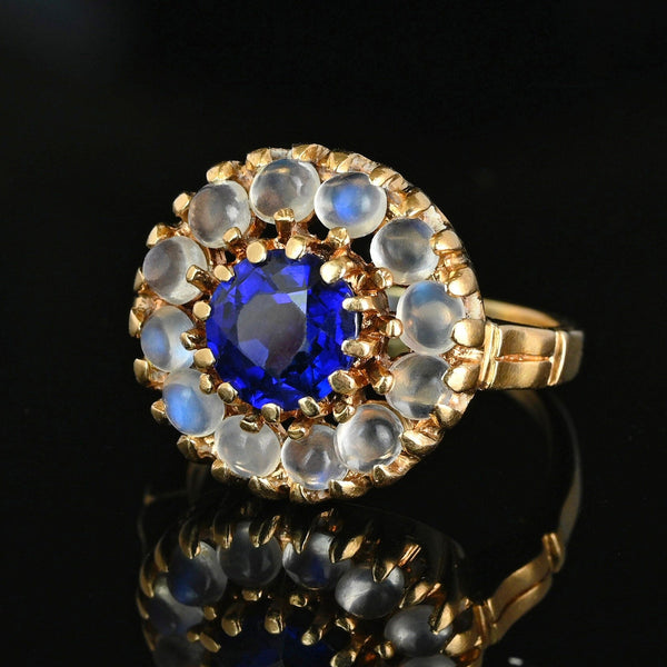 Antique 14K Gold Moonstone Cluster Halo Sapphire Ring - Boylerpf