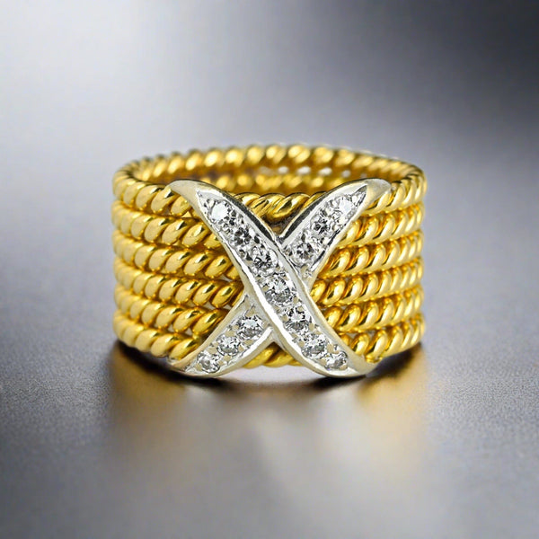 Wide 18K Gold Six Row Rope Ring w Diamond X, Schlumberger Style - Boylerpf