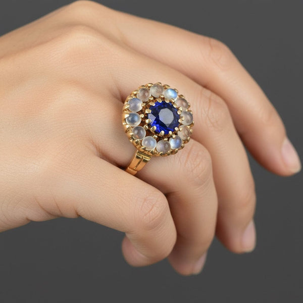 Antique 14K Gold Moonstone Cluster Halo Sapphire Ring - Boylerpf