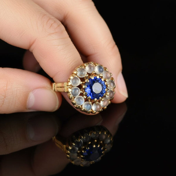 Antique 14K Gold Moonstone Cluster Halo Sapphire Ring - Boylerpf