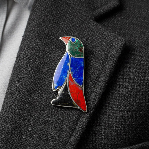 Vintage 980 Silver Penguin Brooch Lapis Onyx Jasper - Boylerpf