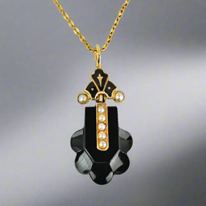 Antique 14K Gold Seed Pearl Black Enamel Whitby Jet Necklace - Boylerpf