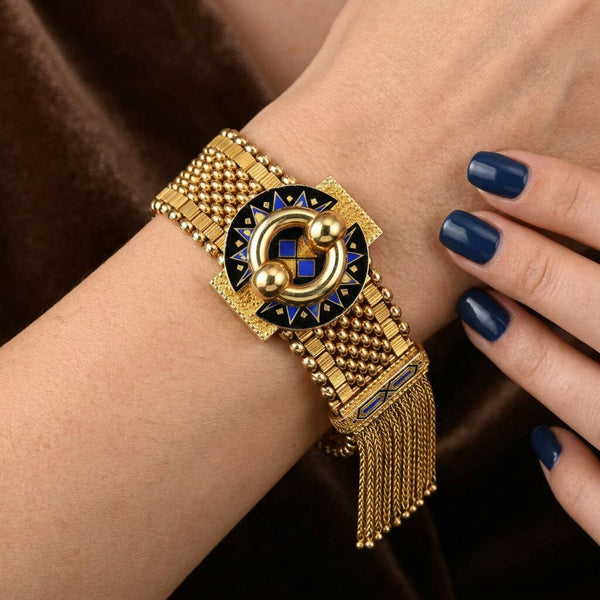 Antique Victorian 14K Gold Mesh Slide Bracelet with Enamel